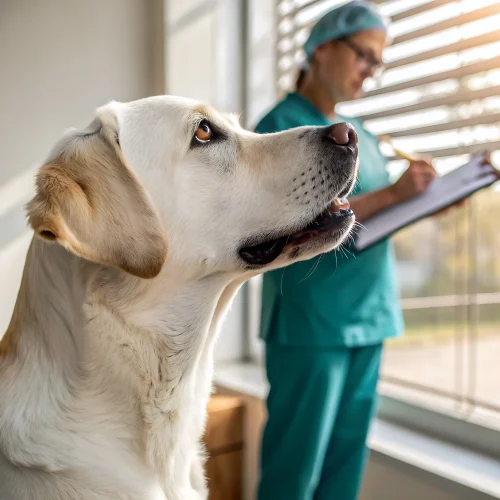 closeup-white-labrador-dog-vet-clinic-with-male-veterinarian-stroking-its-head